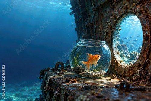 Goldfish in glass bowl beside underwater shipwreck window. Space for text.