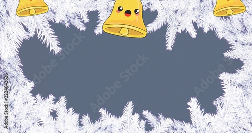 Framing slate-blue center on festive card, with frosty pine branches and three yellow bells