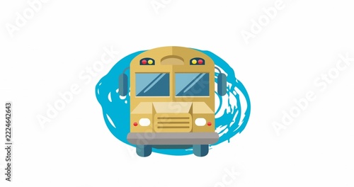 Showing stylized yellow school bus front on white, featuring turquoise brushstroke and roof lights