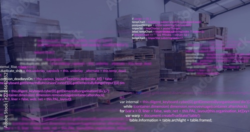 Displaying cardboard boxes on wooden pallets in warehouse center, with magenta code overlay