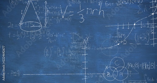 Displaying class board covered with white chalk math, axes, plotted curve, cone and Venn diagrams
