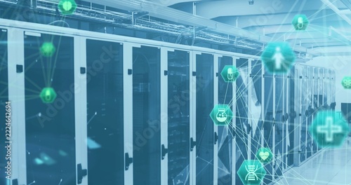Displaying white server racks with glass doors glowing LED lights in data center, health overlays