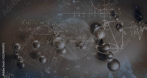Displaying centered 3D molecular model floating in dark lab art, with metallic spheres, moon, math
