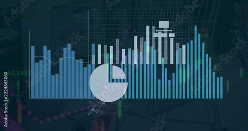 Displaying data display with bar chart and translucent pie overlaying blurred store aisles and cart