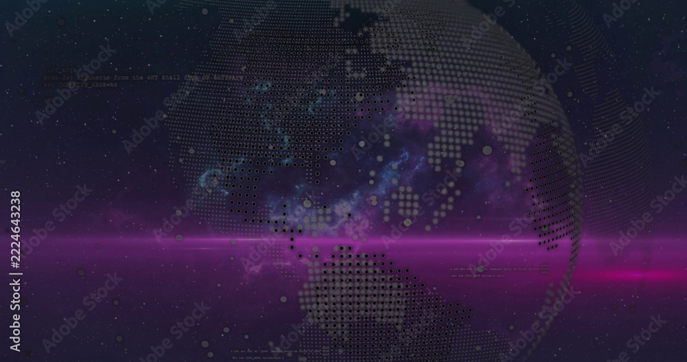 Naklejka premium Displaying pixelated globe glowing across virtual space, with magenta light band and data points