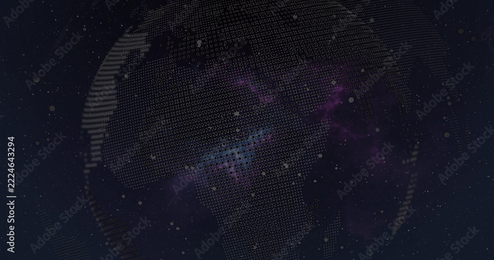 Naklejka premium Rotating dotted globe made from numeric glyphs and dot matrix, showing latitude bands in space