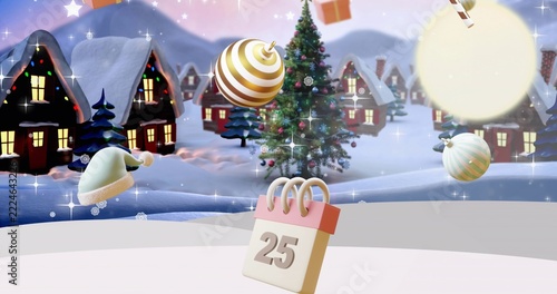 Displaying desk calendar block showing 25 in snowy village at night, with decorated Christmas tree