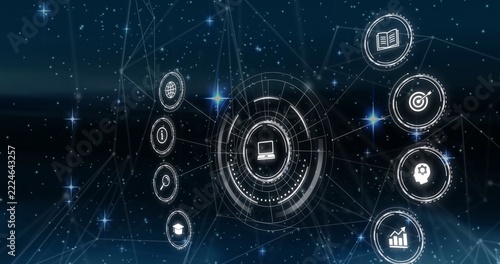 Floating ring HUD projecting lines over starfield, showing laptop, left icons, right icons