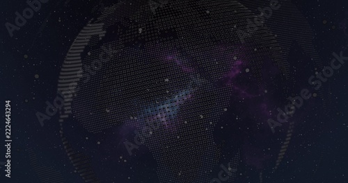 Rotating dotted globe made from numeric glyphs and dot matrix, showing latitude bands in space