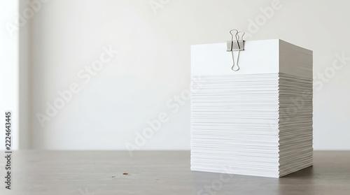 A neatly stacked pile of white paper held together by a metal binder clip on a gray surface