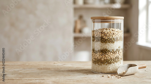 A glass jar filled with layers of grains and seeds on a wooden table in a kitchen