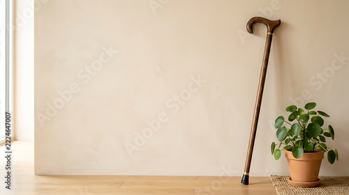 A wooden cane leans against a wall next to a potted plant on a wooden floor