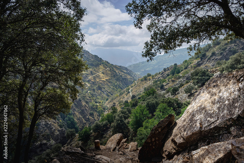 View on Poqueira valley near Capileira on Sendero La Cebadilla hike in Alpujarras, Sierra Nevada, Spain