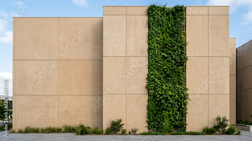 A modern building with a unique green wall design against a clear blue sky