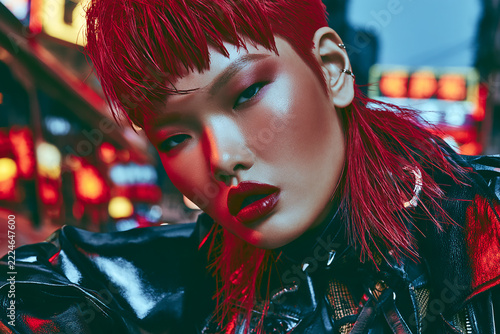 Electric pink asymmetrical bob haircut with choppy fringe, black leather jacket and neon city lights in an edgy urban fashion portrait