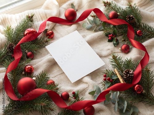 Minimal Christmas Greeting Card Mockup with Red Baubles and Natural Pine Branches