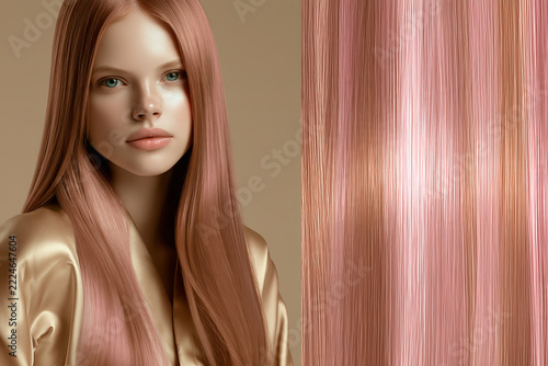 Luxury beauty portrait of a woman with long sleek rose gold hair, subtle blush copper gradient, luminous skin and champagne satin styling