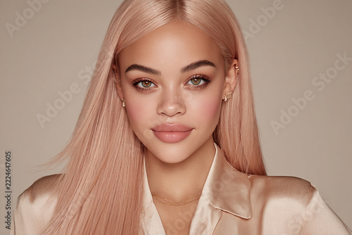 Premium beauty portrait featuring long rose gold hair with a blush copper gradient, luminous skin and elegant champagne styling.