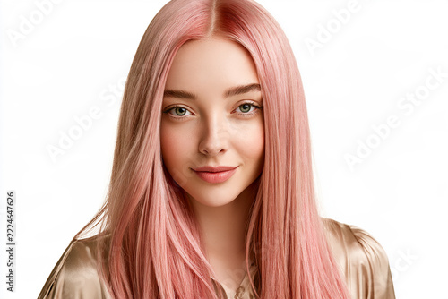Luxury beauty portrait of a woman with long sleek rose gold hair, subtle blush copper gradient, luminous skin and champagne satin styling