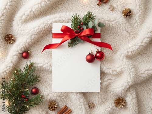 Christmas Stationery Mockup with White Paper, Red Ribbon and Holiday Decorations