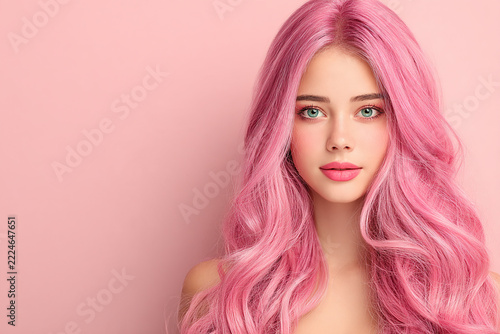 Modern feminine beauty photography showcasing pastel pink dyed hair, luminous skin and elegant styling for haircare advertising and editorial projects.