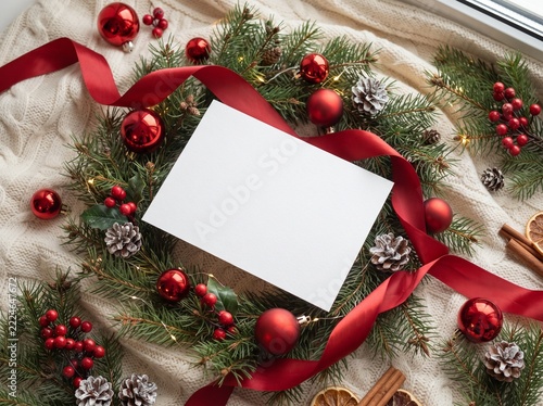 Elegant Holiday Greeting Card Template with Red Ornaments and Fir Branches