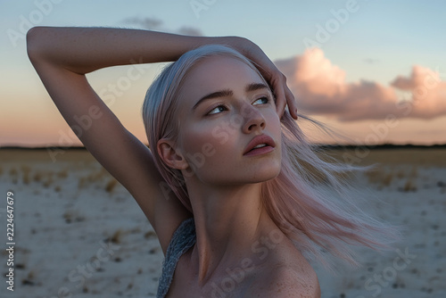 Close-up portrait of a woman with flowing pink hair, soft studio lighting and a refined beauty aesthetic for commercial design and branding.