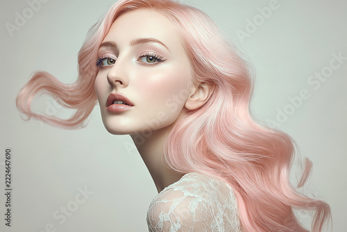 Modern feminine beauty photography showcasing pastel pink dyed hair, luminous skin and elegant styling for haircare advertising and editorial projects.