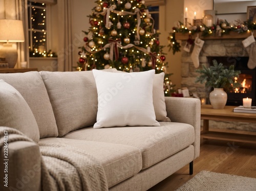Modern Christmas Home Interior with Empty Picture Frame, Decorative Trees and Seasonal Styling