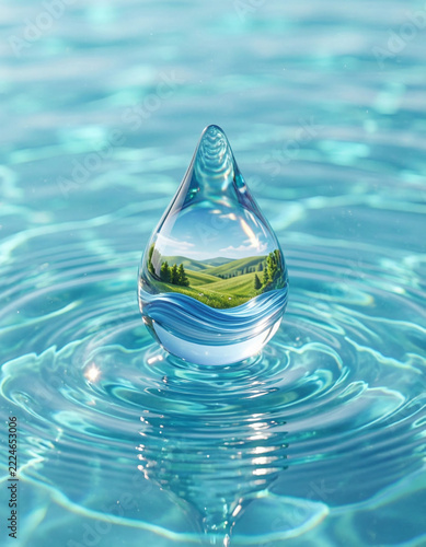 Water drop with mountains on it and ripples on the water surface