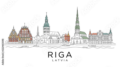 Minimalist Line Drawing Showcase of Riga Latvia Featuring Iconic Architectural Landmarks and City Skyline Illustration