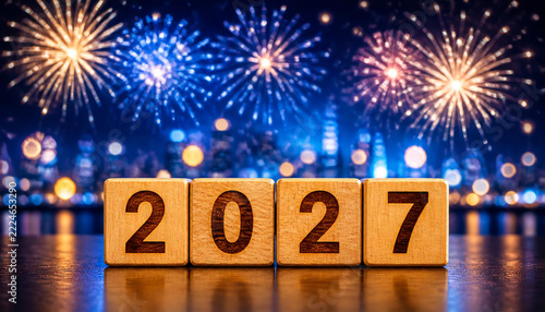 Wooden cubes with number 2027 and fireworks on the background. New year concept