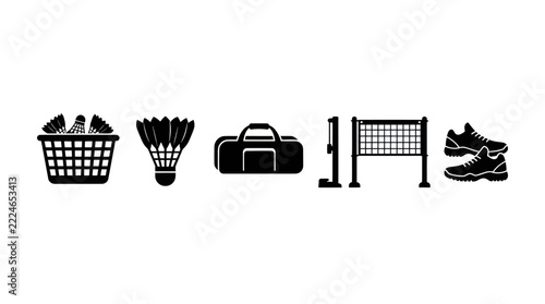 Badminton Equipment Icons: Shuttlecocks, Bag, Net, and Shoes on White Background