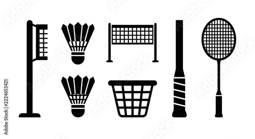 Badminton Equipment Icons: Shuttlecocks, Racket, Net, and Post Set