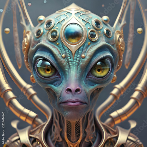  portrait of beautiful  alien  with big eyes in golden dress posing against universe background. Ai generated