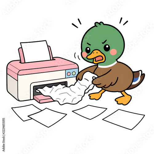 Angry mallard duck pulling paper from printer in office scene