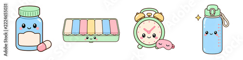 Cute pastel health items, including medicine container, pill, pill organizer, alarm clock, and water bottle on transparency background