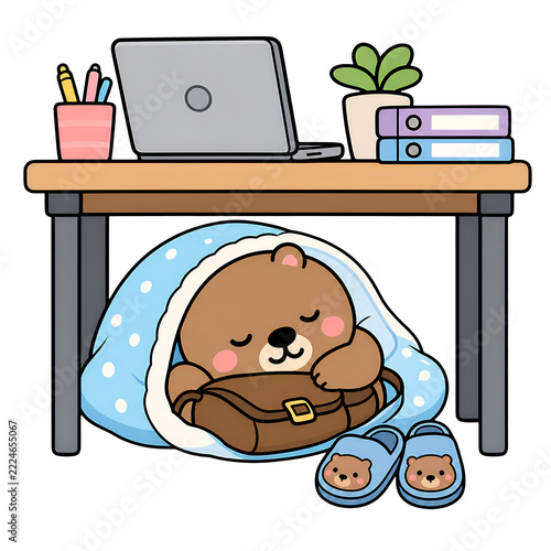Cozy sleeping wombat under desk with laptop, plant, and slippers