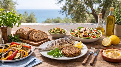 Frisches mediterranes Essen auf einem Tisch serviert in malerischer Umgebung