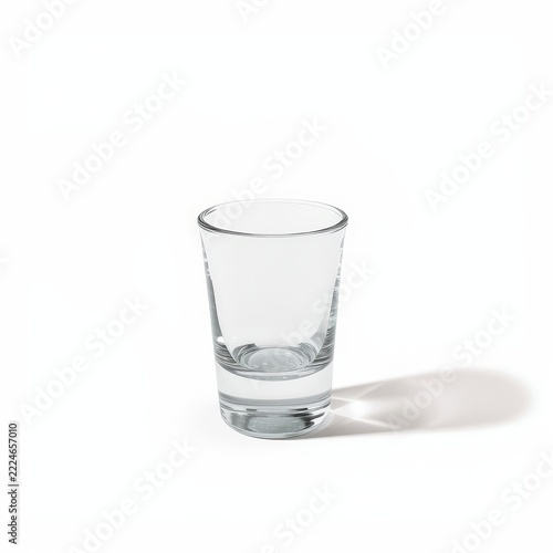 Clear glass shot glass placed on a white surface with natural light highlighting the shape