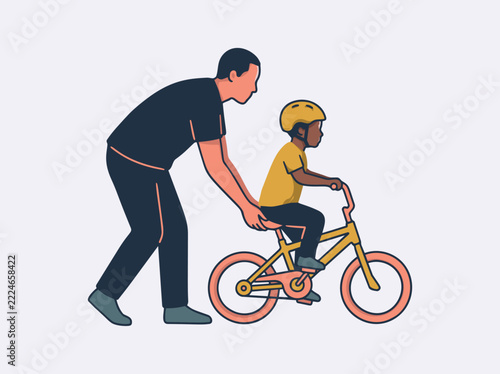 Father Teaching Son to Ride a Bicycle Vector Illustration, Modern Minimalist Family Parenting Support Concept
