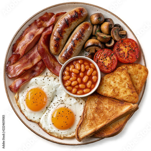 A full breakfast plate contains eggs bacon sausages beans mushrooms tomatoes ...