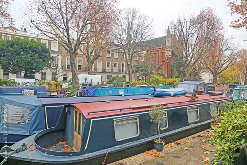 	
Narrow boats moored on a Canal in London