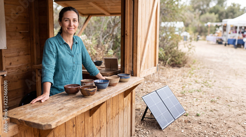 Market vendor beside pottery and a portable solar panel