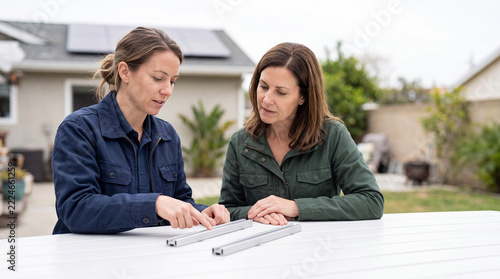 Solar installer discussing mounting samples with a homeowner
