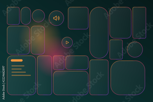 Geometric glassmorphic interface elements with vibrant orange and purple linear gradient edges.