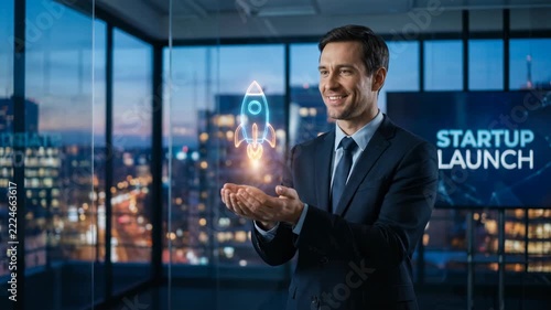 Confident businessman launches startup modern office, presenting glowing rocket hologram that symbolizes business innovation and technology night