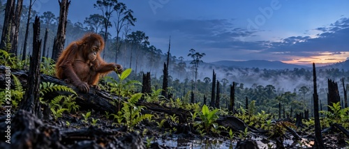 Young orangutan touching green seedling on burnt log in deforested rainforest at dusk