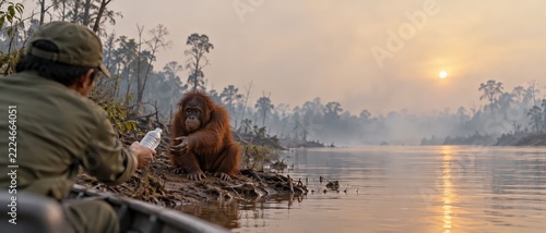 Orangutan receiving water bottle from rescuer on riverbank in smoky hazy forest at sunset
