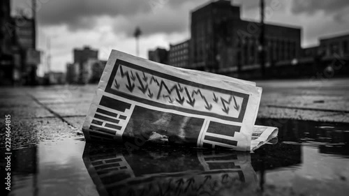 Abandoned Newspaper Floating in Rain Puddle on Urban City Street, Reflecting Buildings Across Wet Pavement Beneath Overcast Sky